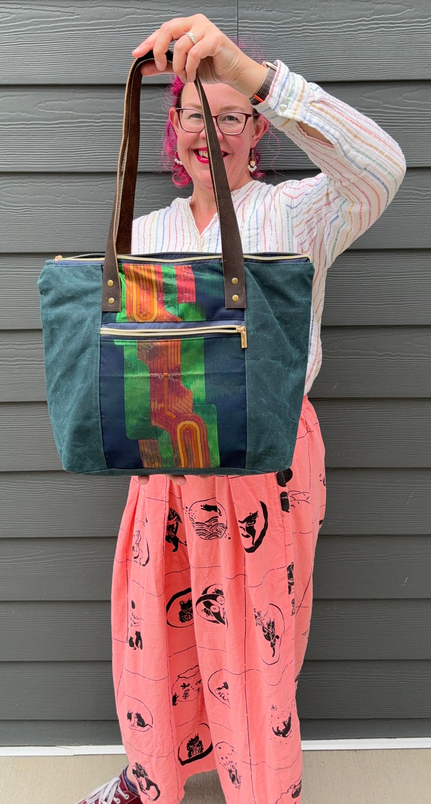 Dundurn Tote | Upcycled Obi and Kimono Paired with Waxed Canvas | Geometric Shapes and Teal