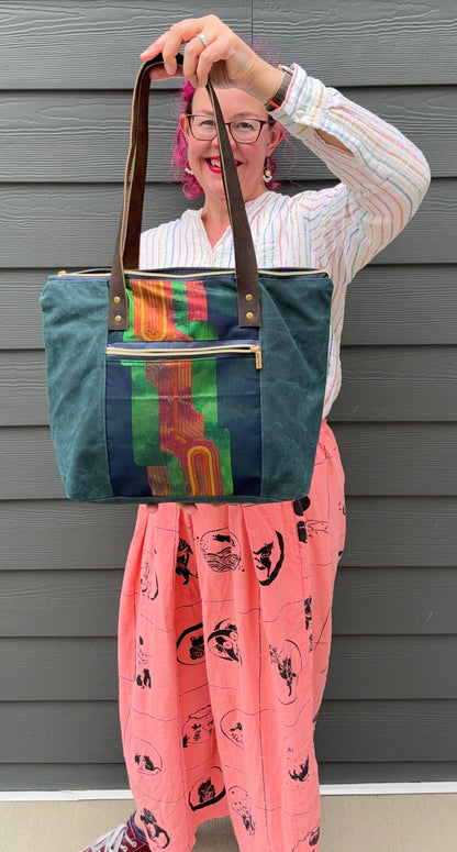 Dundurn Tote | Upcycled Obi and Kimono Paired with Waxed Canvas | Geometric Shapes and Teal