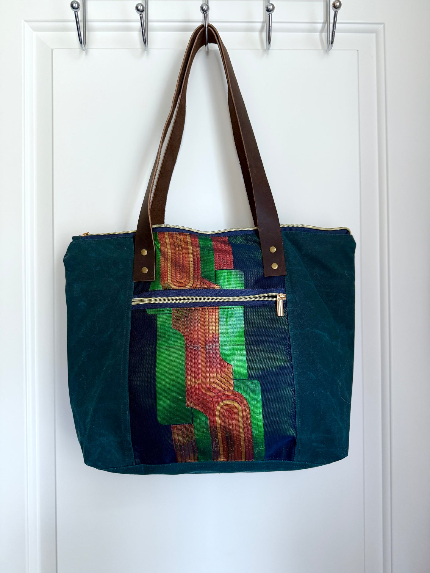 Dundurn Tote | Upcycled Obi and Kimono Paired with Waxed Canvas | Geometric Shapes and Teal