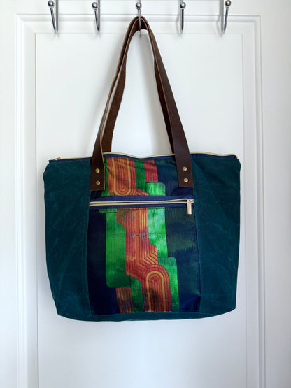 Dundurn Tote | Upcycled Obi and Kimono Paired with Waxed Canvas | Geometric Shapes and Teal