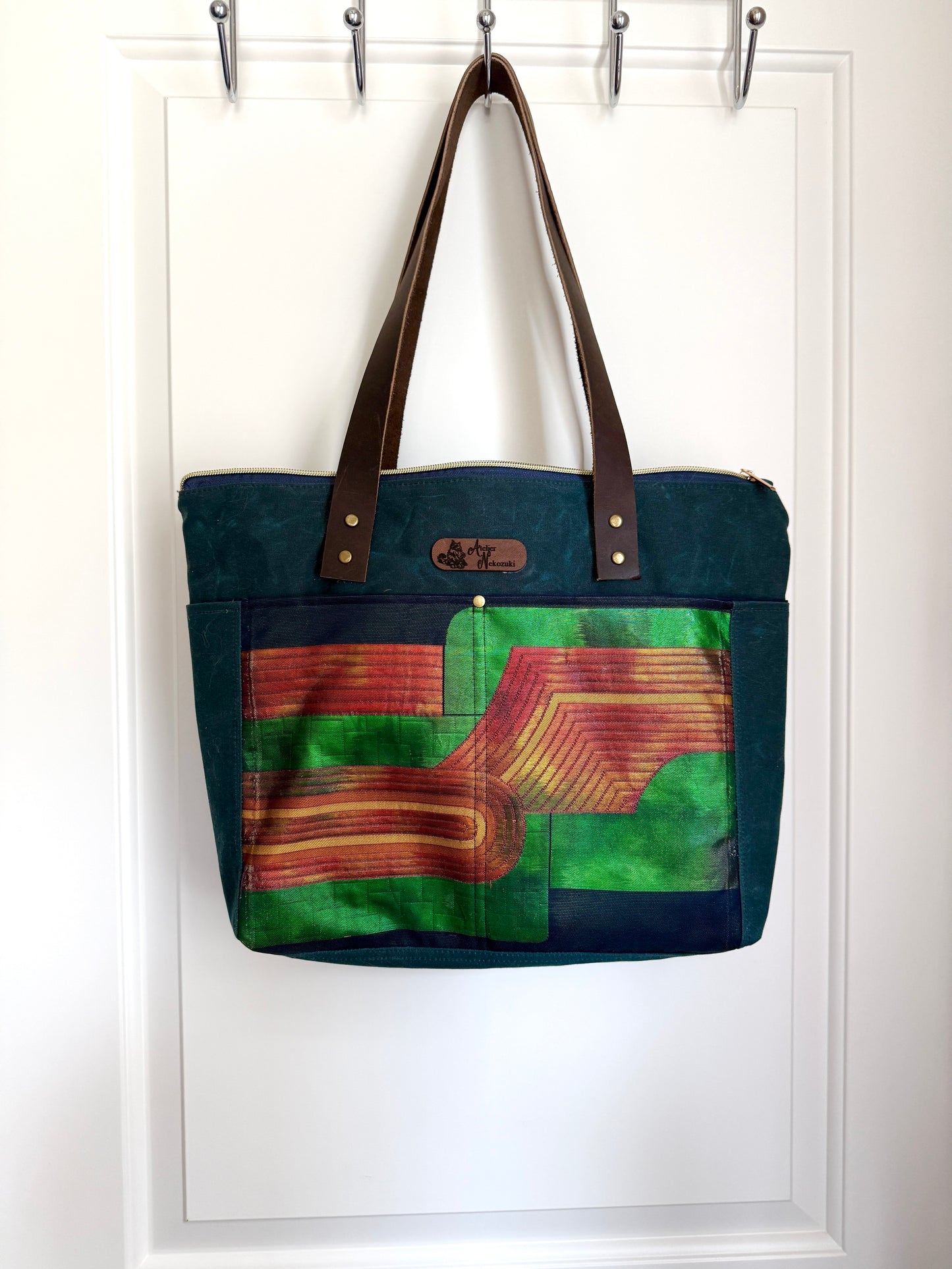 Dundurn Tote | Upcycled Obi and Kimono Paired with Waxed Canvas | Geometric Shapes and Teal