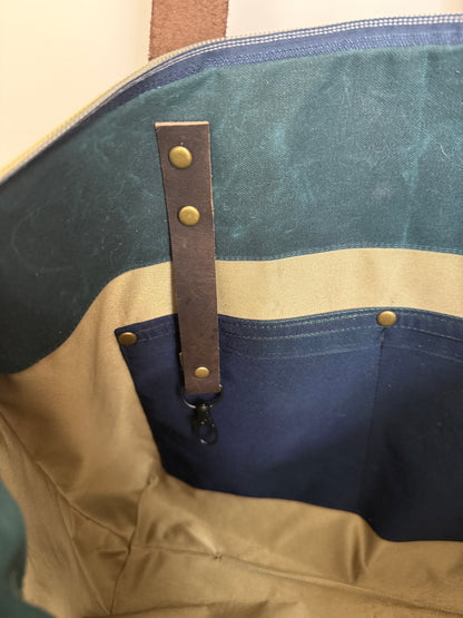 Dundurn Tote | Upcycled Obi and Kimono Paired with Waxed Canvas | Geometric Shapes and Teal