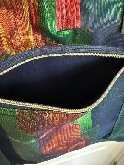 Dundurn Tote | Upcycled Obi and Kimono Paired with Waxed Canvas | Geometric Shapes and Teal