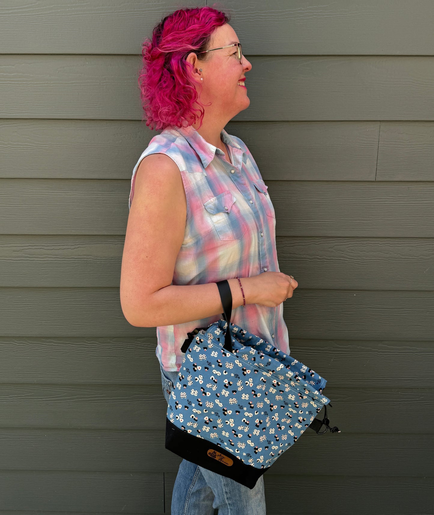 Kato Drawstring Bag | Panda Onigiri on Blue | Crossbody Knitting Bags Made in Canada from Japanese Fabrics