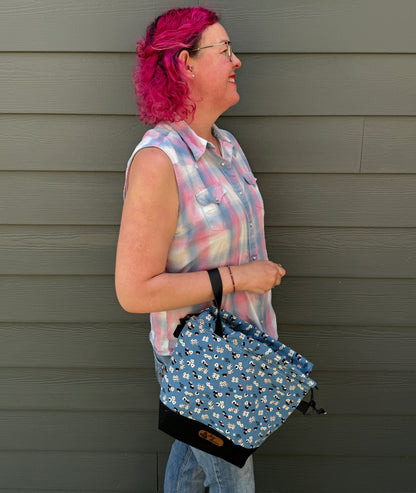 Kato Drawstring Bag | Panda Onigiri on Blue | Crossbody Knitting Bags Made in Canada from Japanese Fabrics