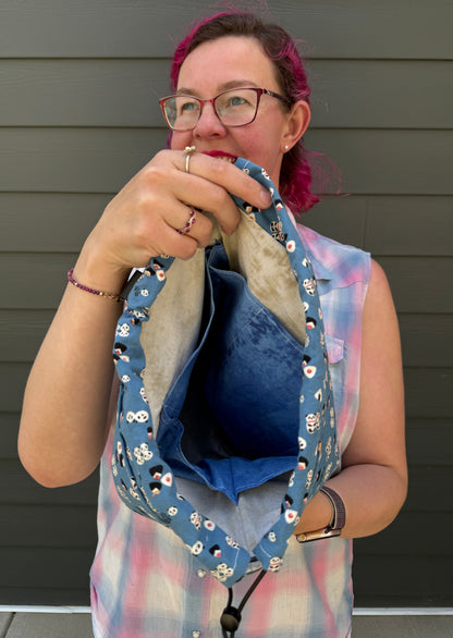 Kato Drawstring Bag | Panda Onigiri on Blue | Crossbody Knitting Bags Made in Canada from Japanese Fabrics