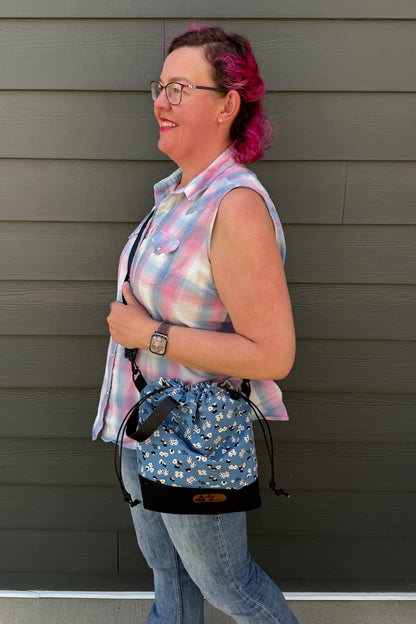 Kato Drawstring Bag | Panda Onigiri on Blue | Crossbody Knitting Bags Made in Canada from Japanese Fabrics
