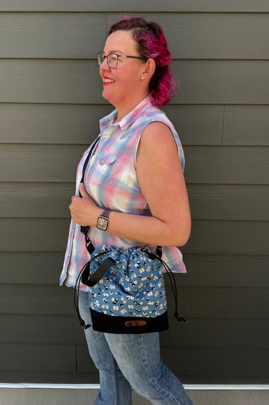 Kato Drawstring Bag | Panda Onigiri on Blue | Crossbody Knitting Bags Made in Canada from Japanese Fabrics