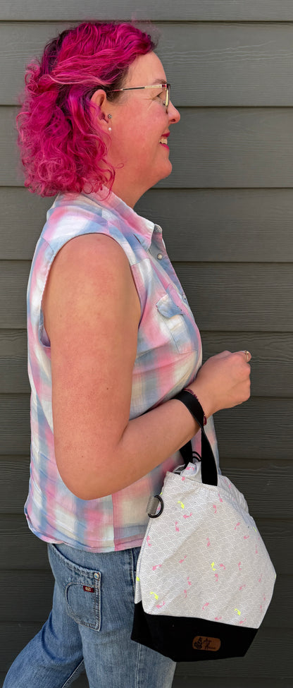 Kato Drawstring Bag | Neon Pink and Yellow Fish on Grey and White Seigaiha | Small-Batched Crafted Bags Made in Canada from Japanese Fabrics