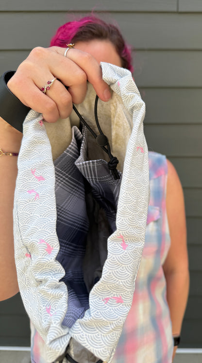 Kato Drawstring Bag | Neon Pink and Yellow Fish on Grey and White Seigaiha | Small-Batched Crafted Bags Made in Canada from Japanese Fabrics
