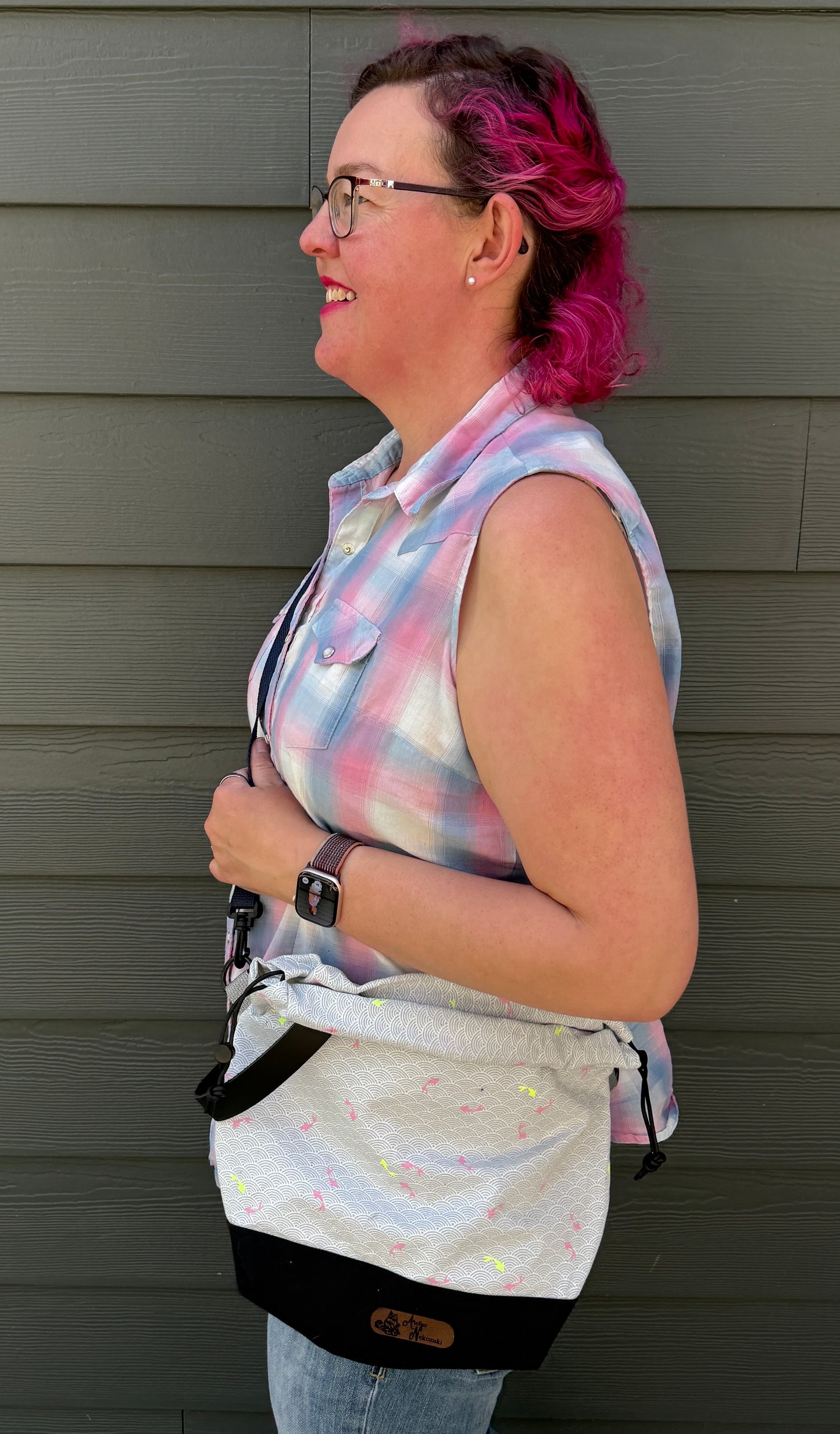 Kato Drawstring Bag | Neon Pink and Yellow Fish on Grey and White Seigaiha | Small-Batched Crafted Bags Made in Canada from Japanese Fabrics