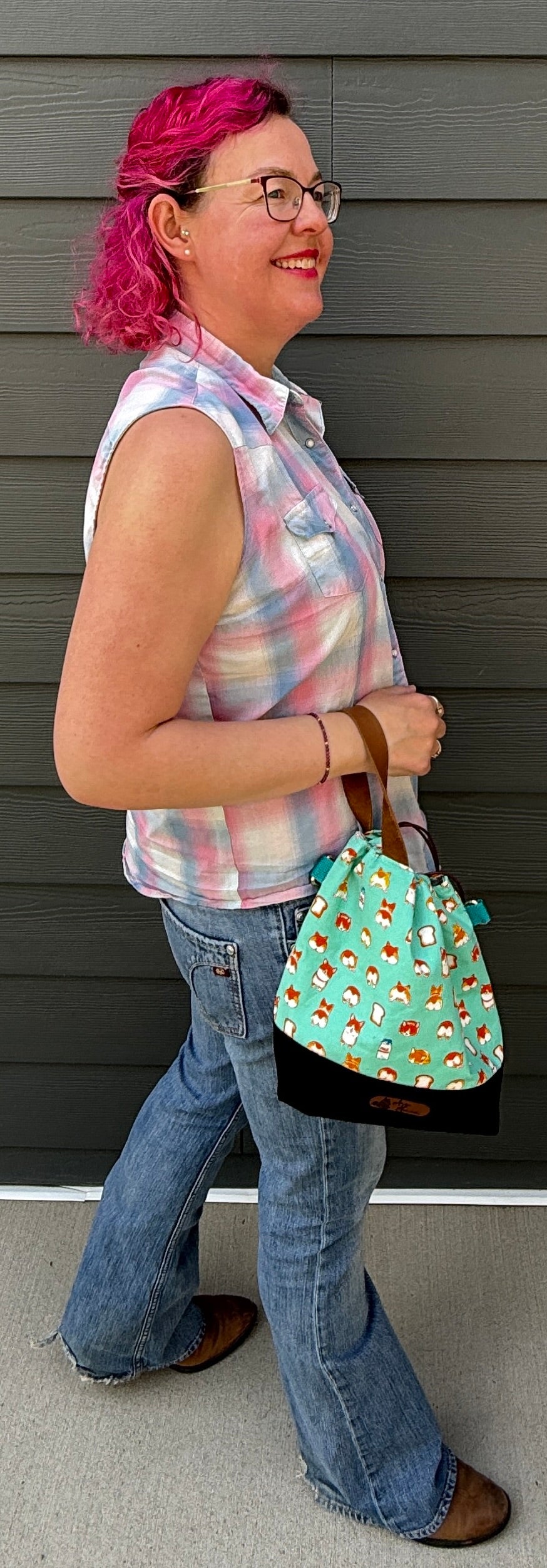 Kato Drawstring Bag | Corgi Butts on Aqua | Bags Handmade from Japanese Fabrics in Canada