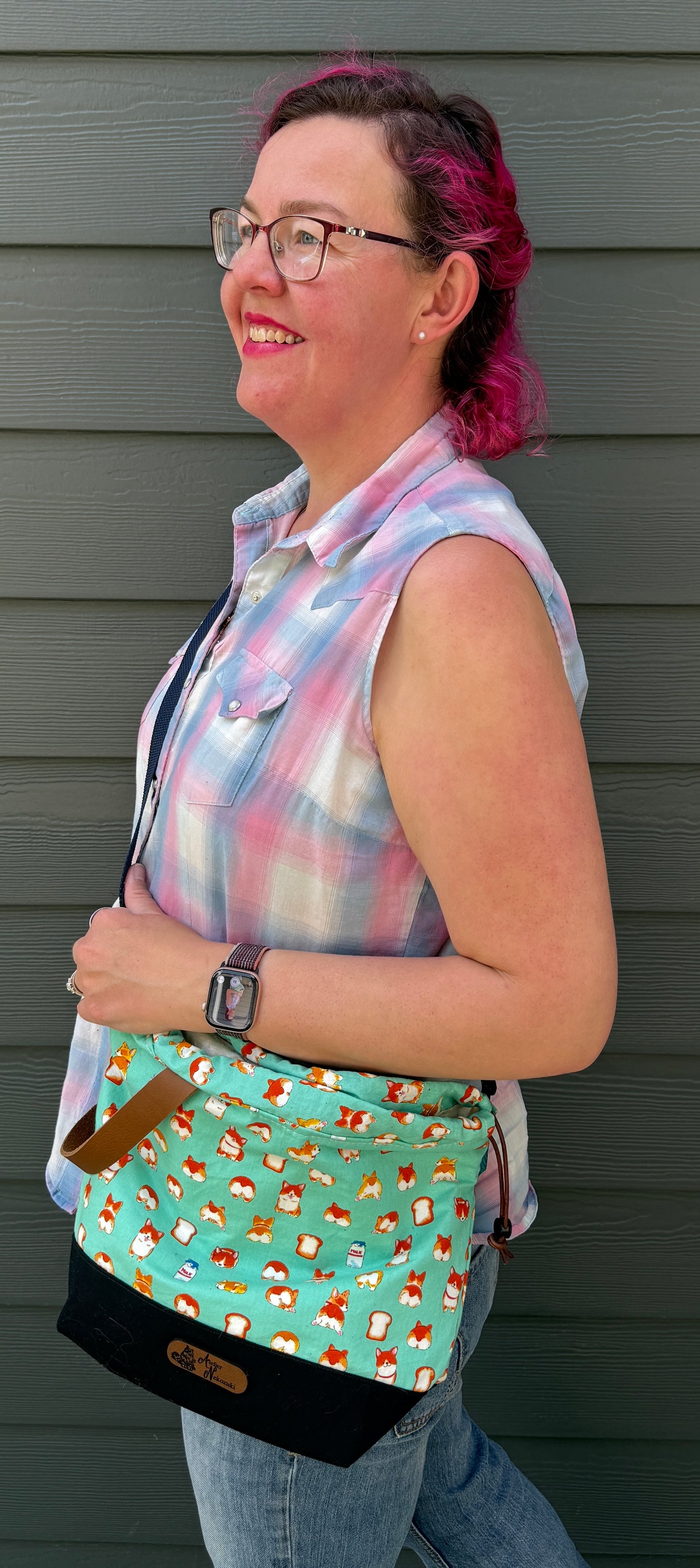 Kato Drawstring Bag | Corgi Butts on Aqua | Bags Handmade from Japanese Fabrics in Canada