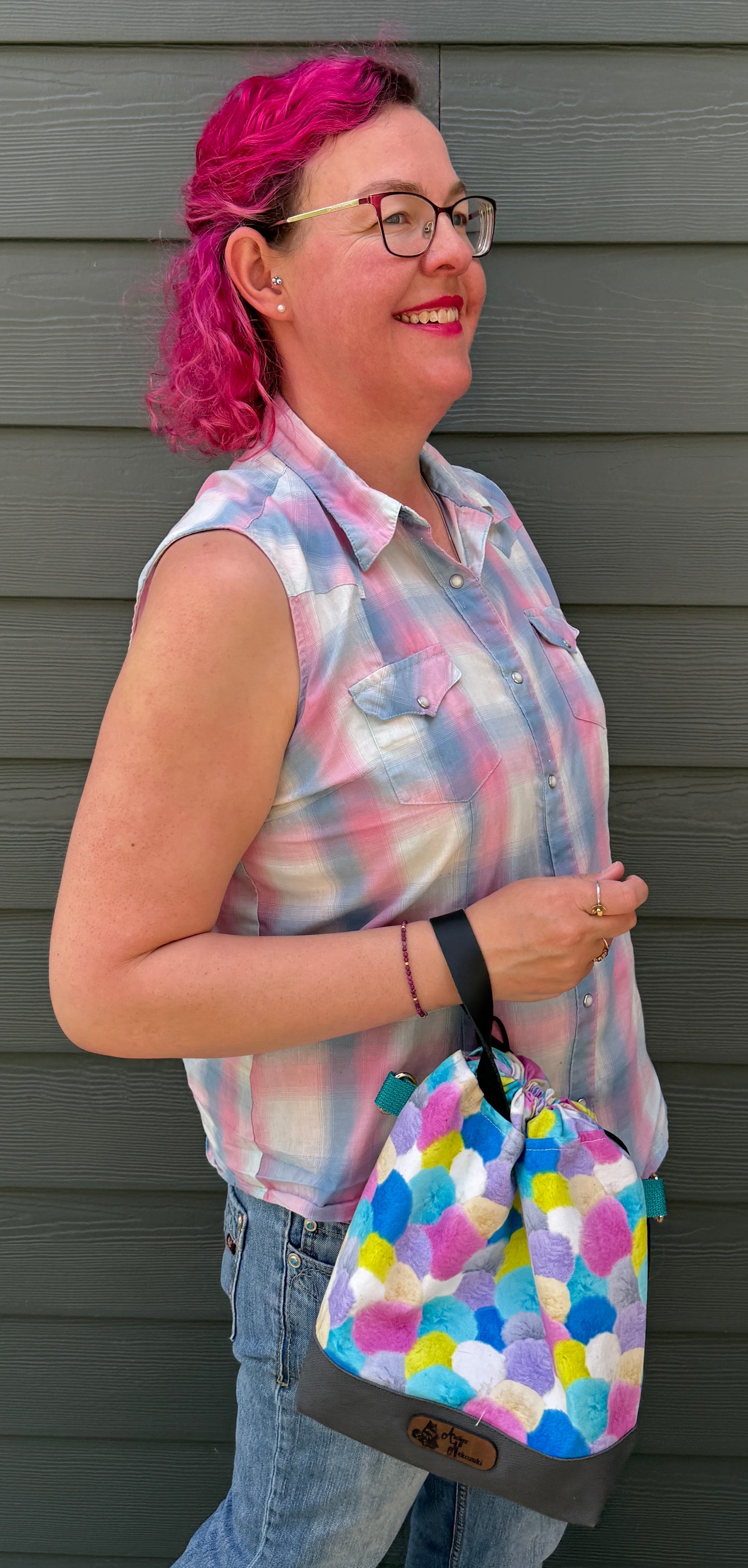 Kato Drawstring Bag | Colourful Pom Poms | Artisan Crafted Knitting Bags Made in Canada from Japanese Fabrics