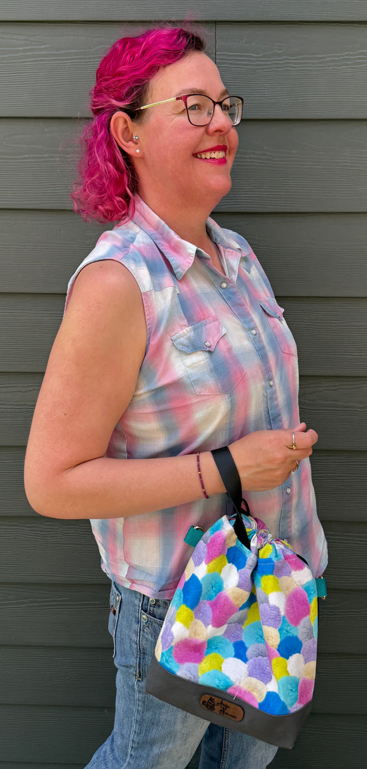 Kato Drawstring Bag | Colourful Pom Poms | Artisan Crafted Knitting Bags Made in Canada from Japanese Fabrics