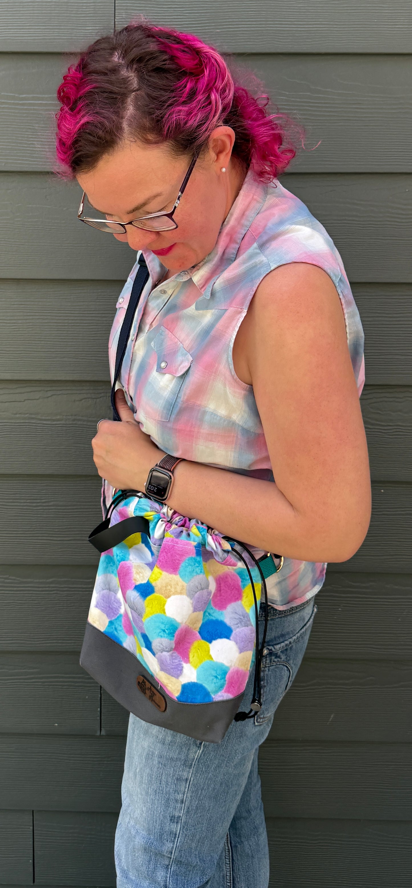Kato Drawstring Bag | Colourful Pom Poms | Artisan Crafted Knitting Bags Made in Canada from Japanese Fabrics