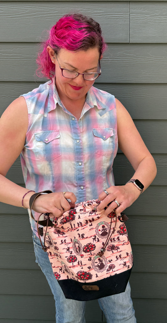 Kato Drawstring Bag | Snow White in Frames on Pink | Artisanal Bags Made in Canada from Handpicked Japanese Fabrics