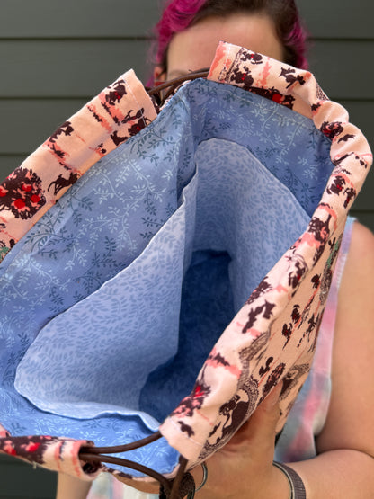 Kato Drawstring Bag | Snow White in Frames on Pink | Artisanal Bags Made in Canada from Handpicked Japanese Fabrics