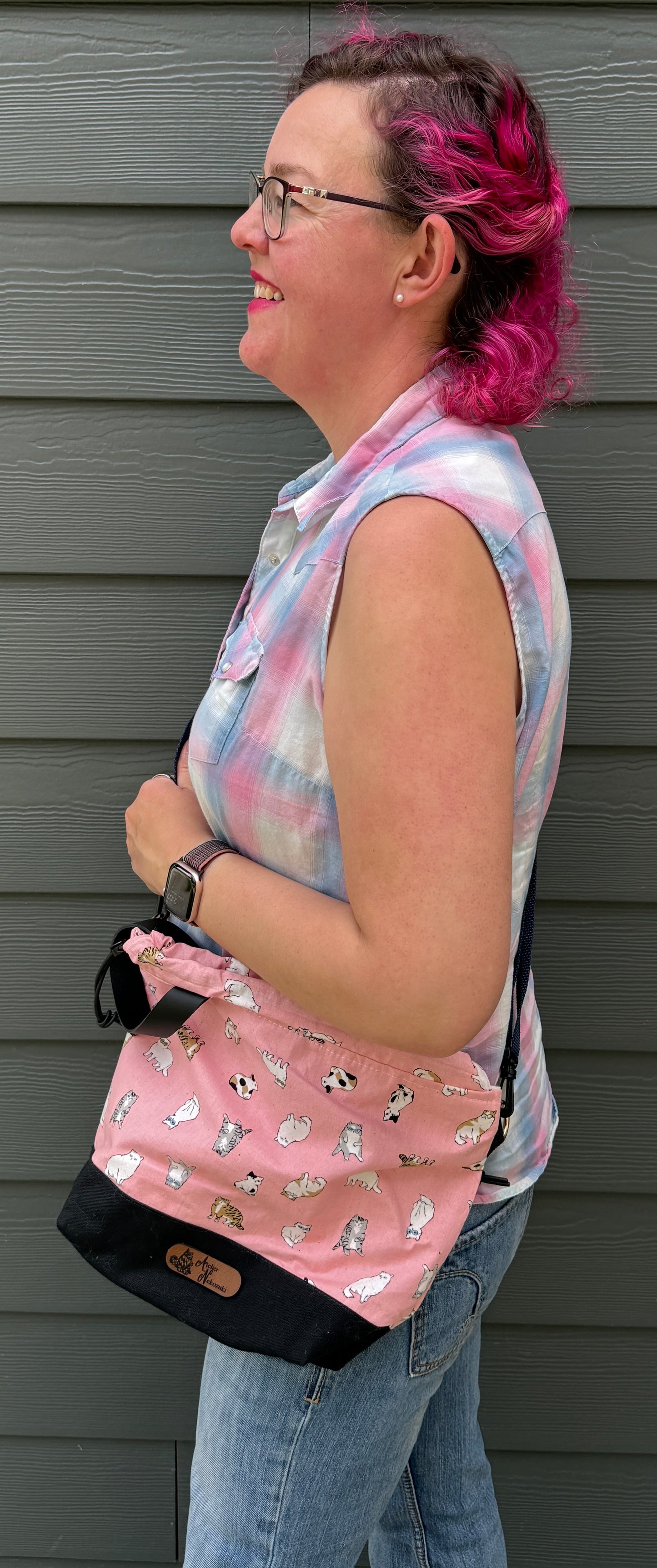 Kato Drawstring Bag | Judgey Cats in Sunglasses on Pink | Handpicked Japanese Fabrics, Handcrafted Bags Made in Canada