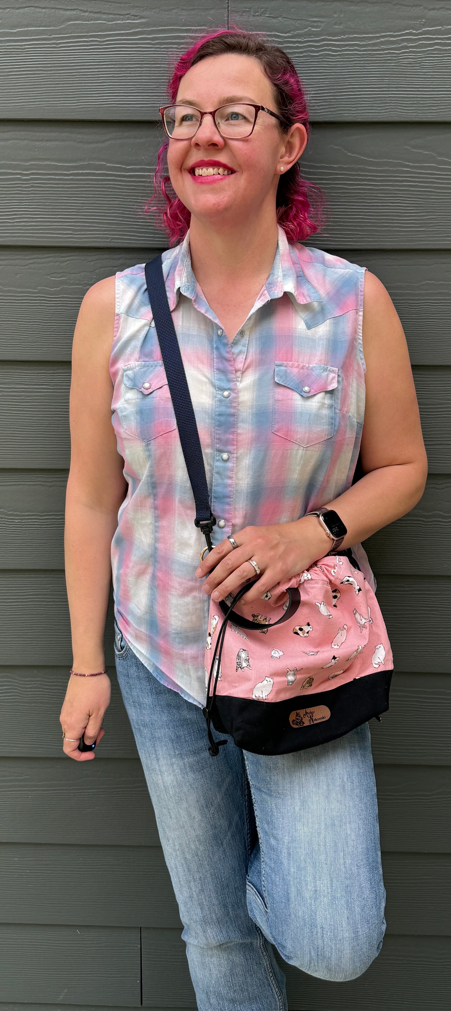 Kato Drawstring Bag | Judgey Cats in Sunglasses on Pink | Handpicked Japanese Fabrics, Handcrafted Bags Made in Canada