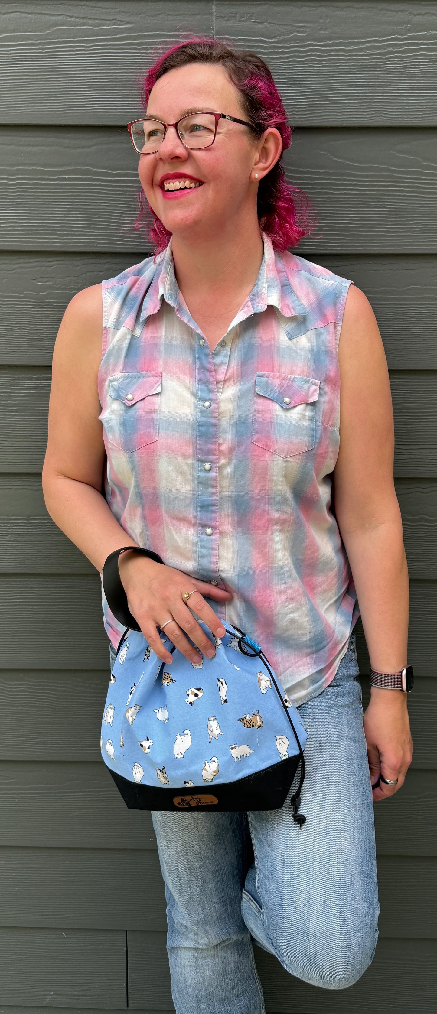 Kato Drawstring Bag | Scowling Cats in Sunglasses on Light Blue | Handpicked Japanese Fabrics, Handcrafted Bags Made in Canada