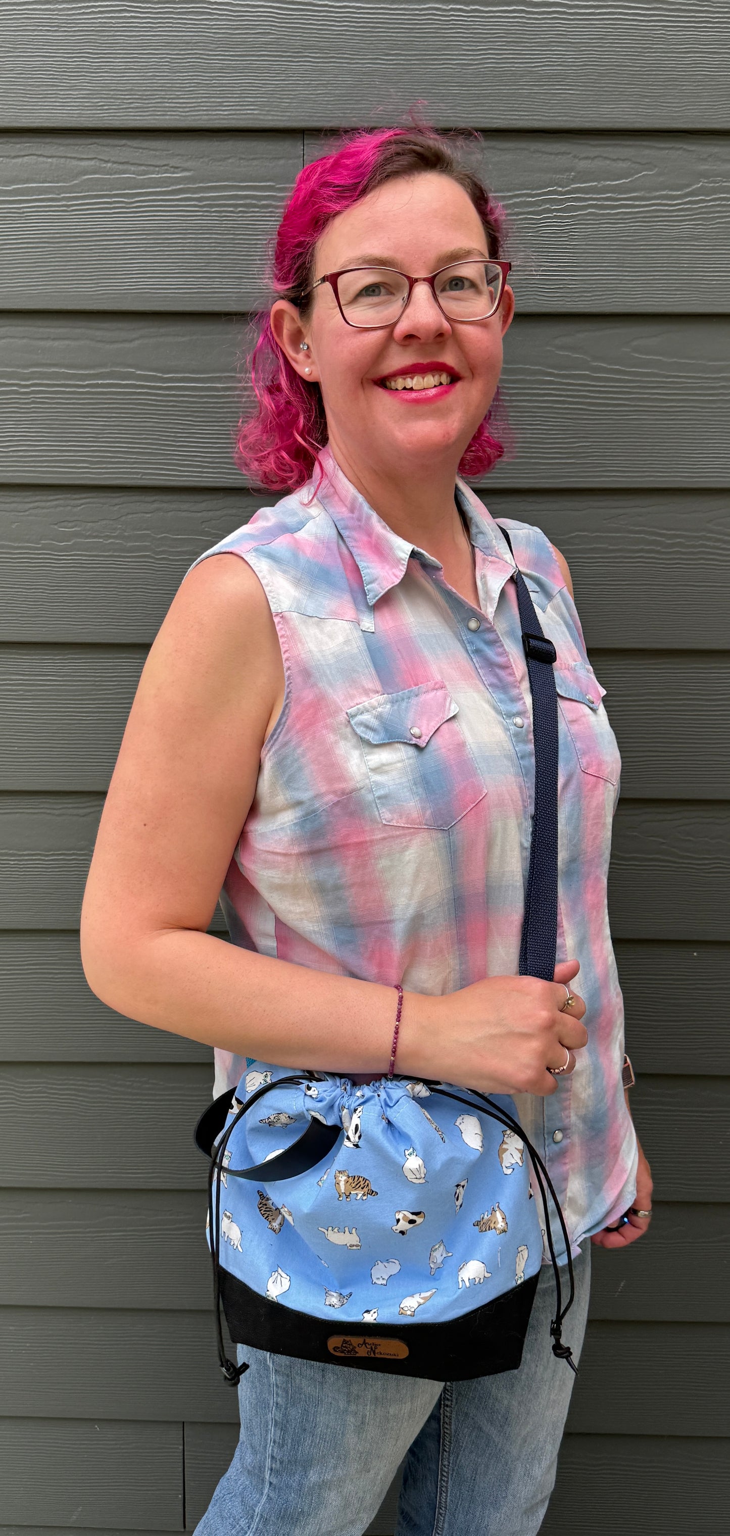 Kato Drawstring Bag | Scowling Cats in Sunglasses on Light Blue | Handpicked Japanese Fabrics, Handcrafted Bags Made in Canada