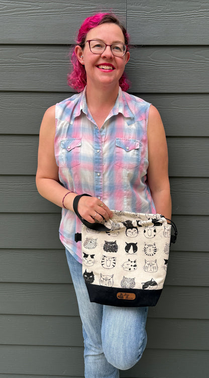 Kato Drawstring Bag | All the Cat's Expressions | Handcrafted Bags Made in Canada from Handpicked Japanese Fabrics