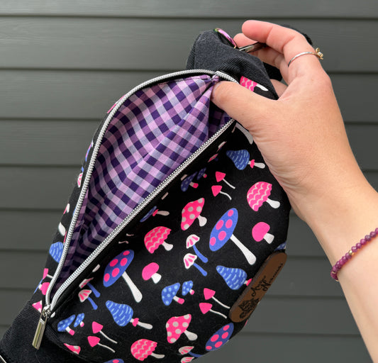 Belt Bag | Neon Pink and Purple Mushrooms on Black | One of a Kind Bags Made from Japanese Fabrics