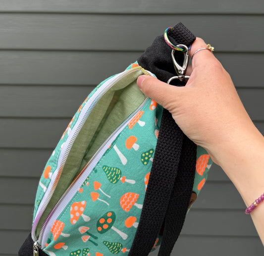 Belt Bag | Neon Orange and Green Mushrooms on Green Fields | Whimsy-Adding Bags Artisan Made in Canada from Japanese Fabrics