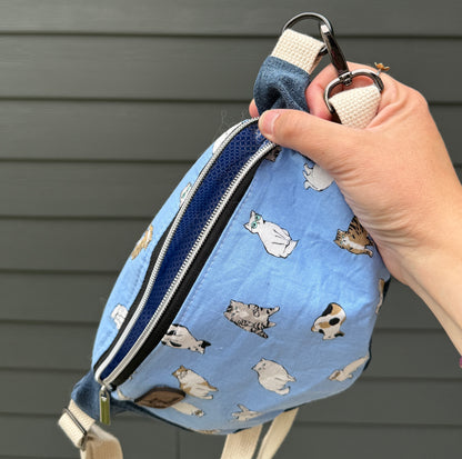 Belt Bag | Judgey Cats in Sunglass on Light Blue | Small Batch Crafted Japanese Fabric and Upcycled Denim Bags Made in Canada