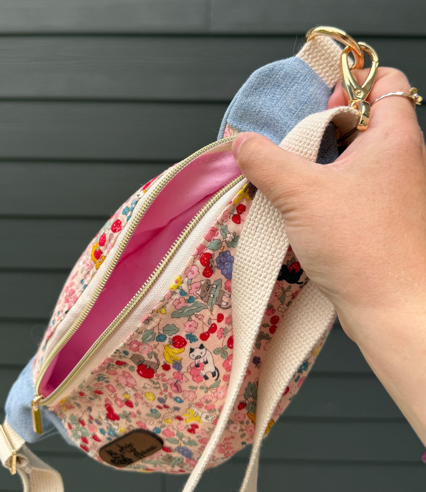 Belt Bag | Tiny Cats Hiding Amongst Fruit on Pink | Upcycled Denim and Japanese Fabric Bags Made in Canada