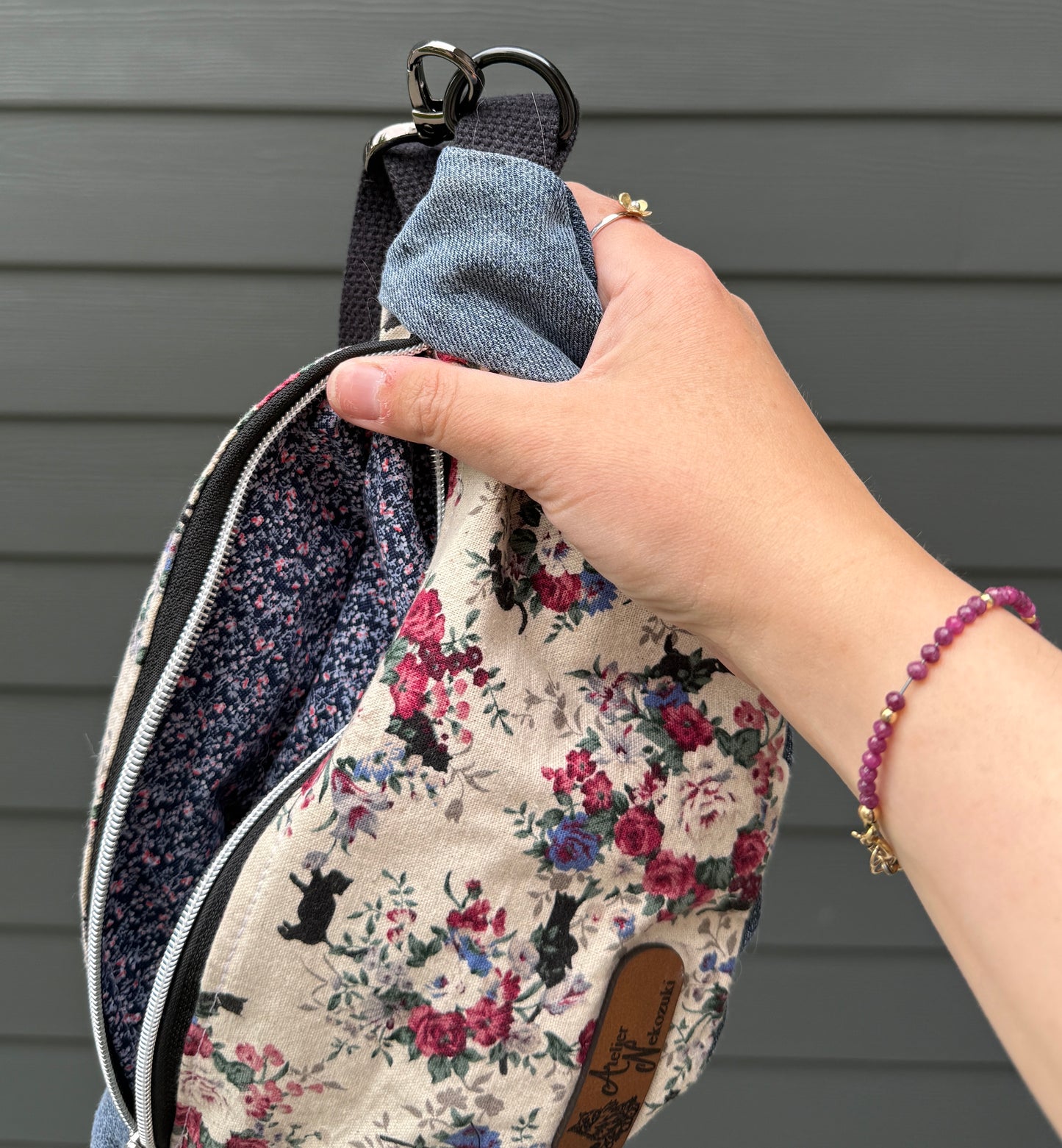 Belt Bag | Tiny Black Cats Amongst Floral Spray Bouquets | Artisan Crafted in Canada Upcycled and Japanese Fabric Bags
