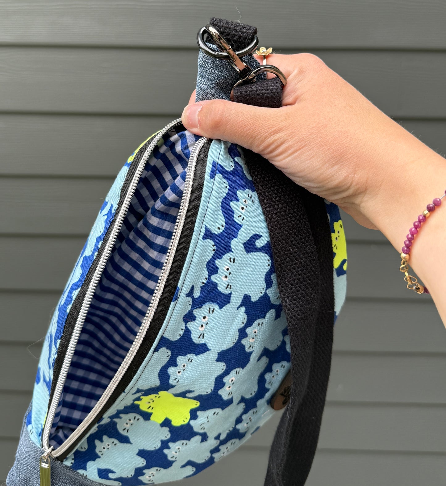 Belt Bag | Marshmallow Cat Friends on Blue with Neon Yellow | Small Batch Crafted Crossbody Bags Made in Canada from Japanese and Upcycled Fabrics