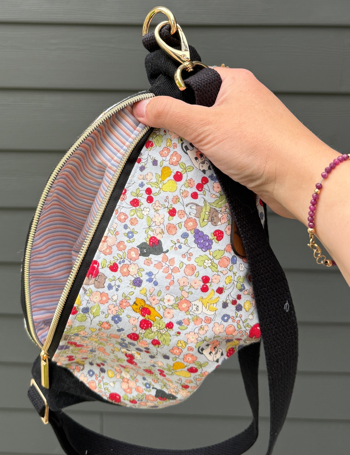 Belt Bag | Tiny Cats with Fruits on Blue | Bags Made in Canada from Upcycled Denim and Japanese Fabrics