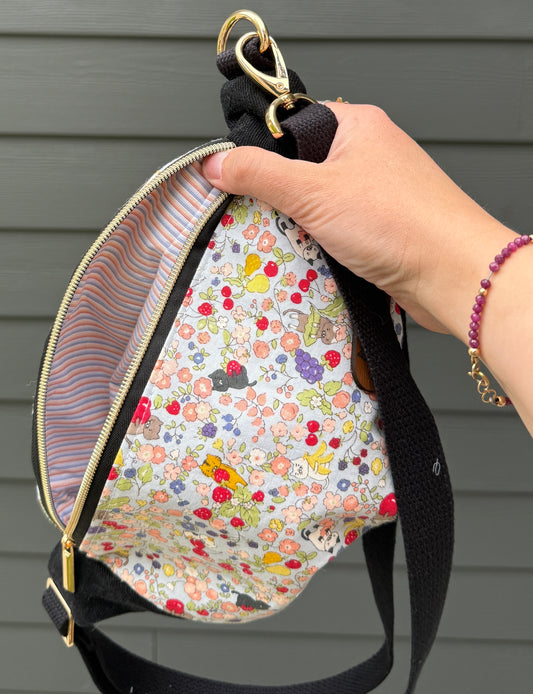 Belt Bag | Tiny Cats with Fruits on Blue | Bags Made in Canada from Upcycled Denim and Japanese Fabrics