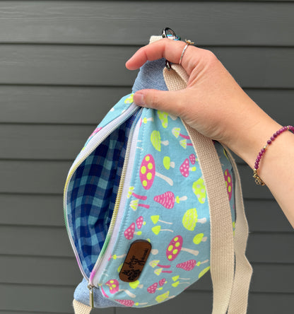 Belt Bag | Neon Pink and Yellow Mushrooms on Pastel Blue | Whimsical Canadian Handcrafted Bags Made from Japanese and Upcycled Fabrics
