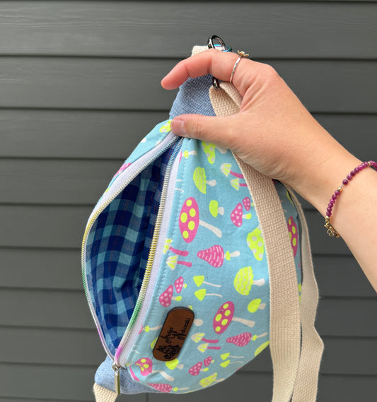 Belt Bag | Neon Pink and Yellow Mushrooms on Pastel Blue | Whimsical Canadian Handcrafted Bags Made from Japanese and Upcycled Fabrics