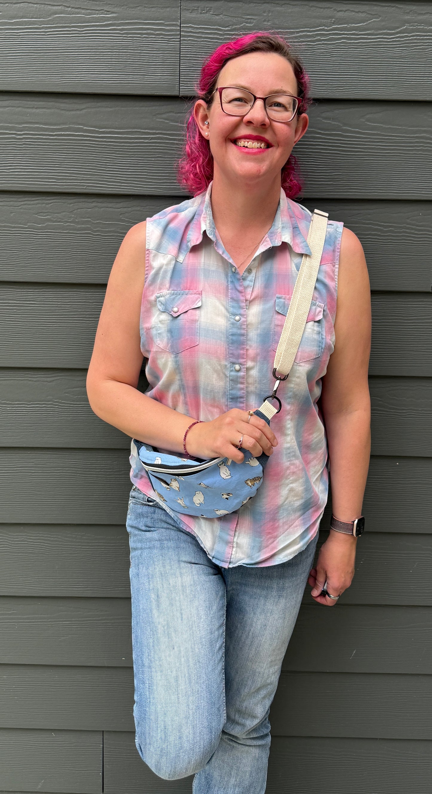 Belt Bag | Judgey Cats in Sunglass on Light Blue | Small Batch Crafted Japanese Fabric and Upcycled Denim Bags Made in Canada