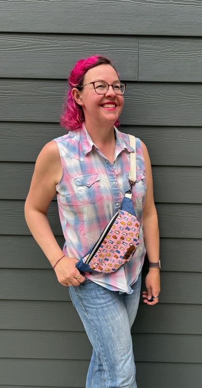 Belt Bag | Pixel Cats on Pink | Upcycled and Japanese Fabrics Paired into a Bag Small Batch Crafted in Canada