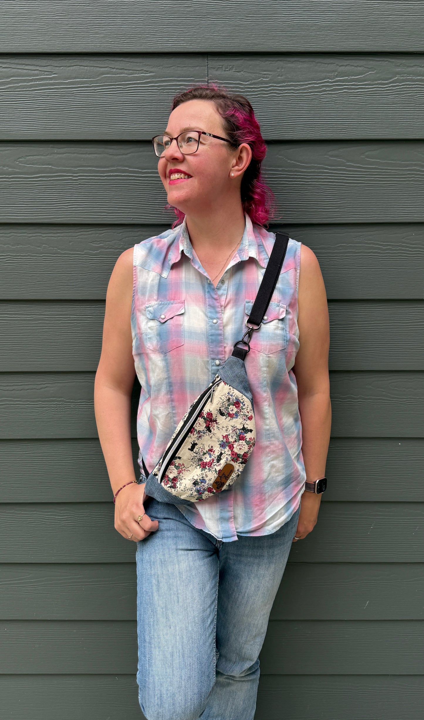 Belt Bag | Tiny Black Cats Amongst Floral Spray Bouquets | Artisan Crafted in Canada Upcycled and Japanese Fabric Bags