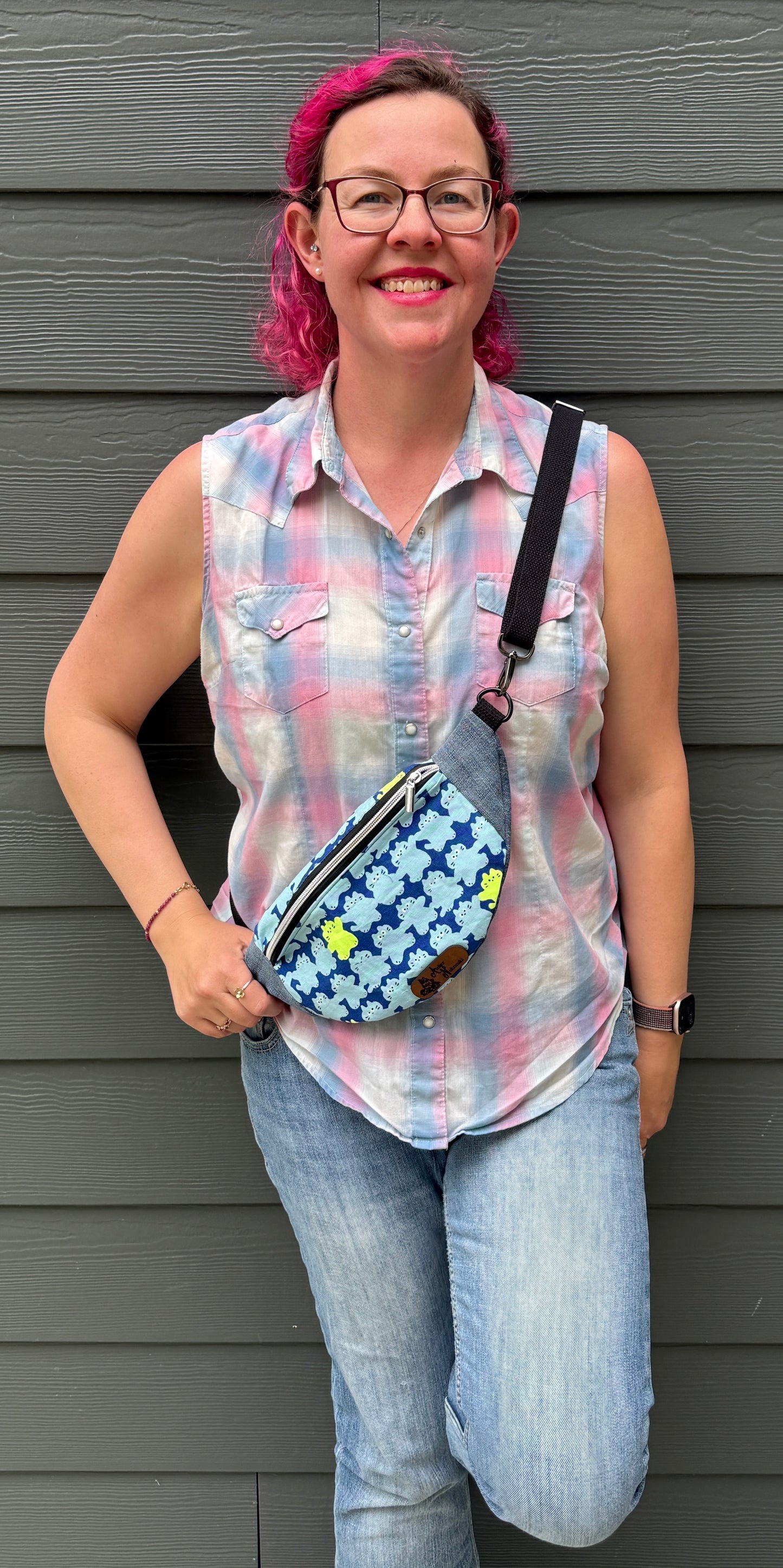 Belt Bag | Marshmallow Cat Friends on Blue with Neon Yellow | Small Batch Crafted Crossbody Bags Made in Canada from Japanese and Upcycled Fabrics
