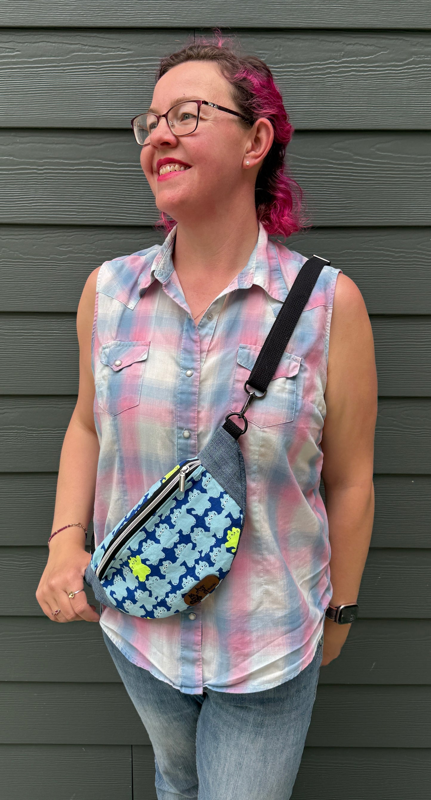 Belt Bag | Marshmallow Cat Friends on Blue with Neon Yellow | Small Batch Crafted Crossbody Bags Made in Canada from Japanese and Upcycled Fabrics