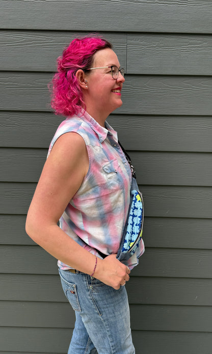 Belt Bag | Marshmallow Cat Friends on Blue with Neon Yellow | Small Batch Crafted Crossbody Bags Made in Canada from Japanese and Upcycled Fabrics