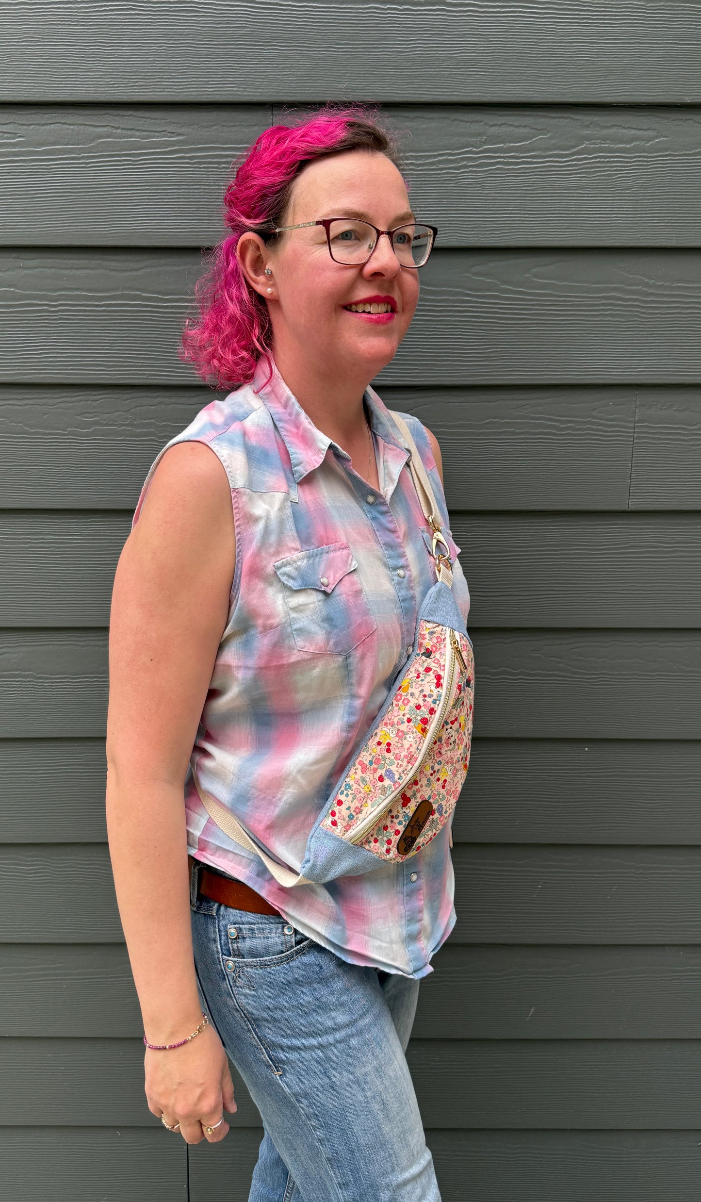Belt Bag | Tiny Cats Hiding Amongst Fruit on Pink | Upcycled Denim and Japanese Fabric Bags Made in Canada