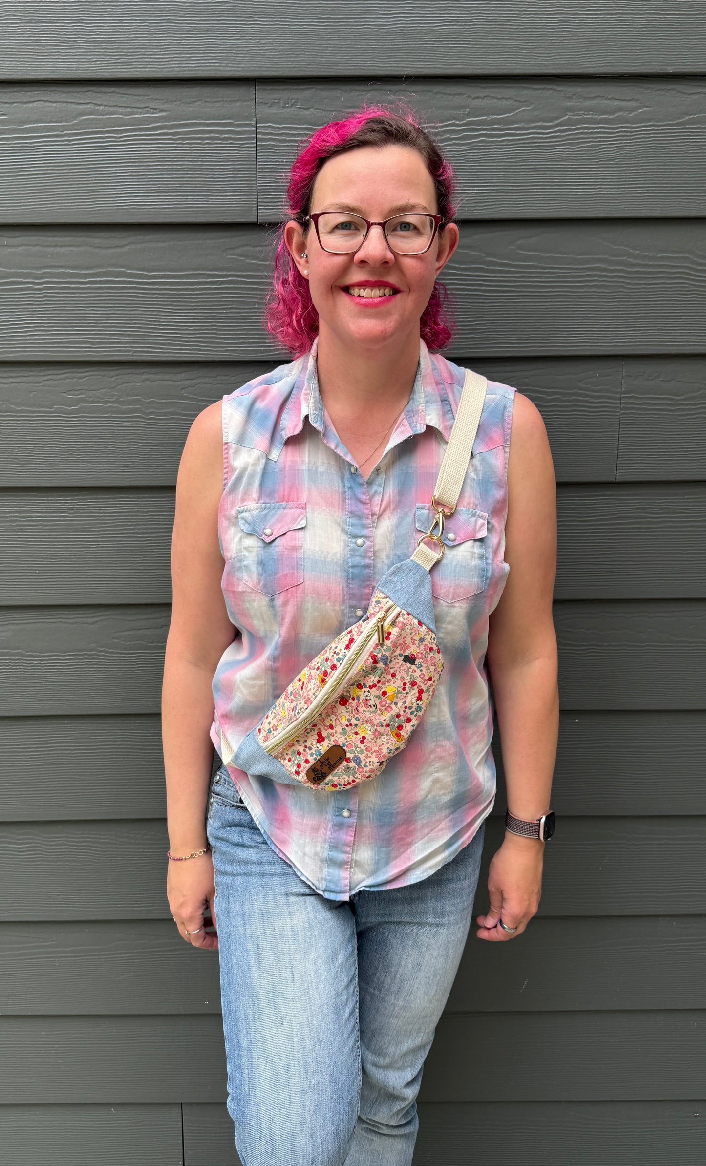 Belt Bag | Tiny Cats Hiding Amongst Fruit on Pink | Upcycled Denim and Japanese Fabric Bags Made in Canada