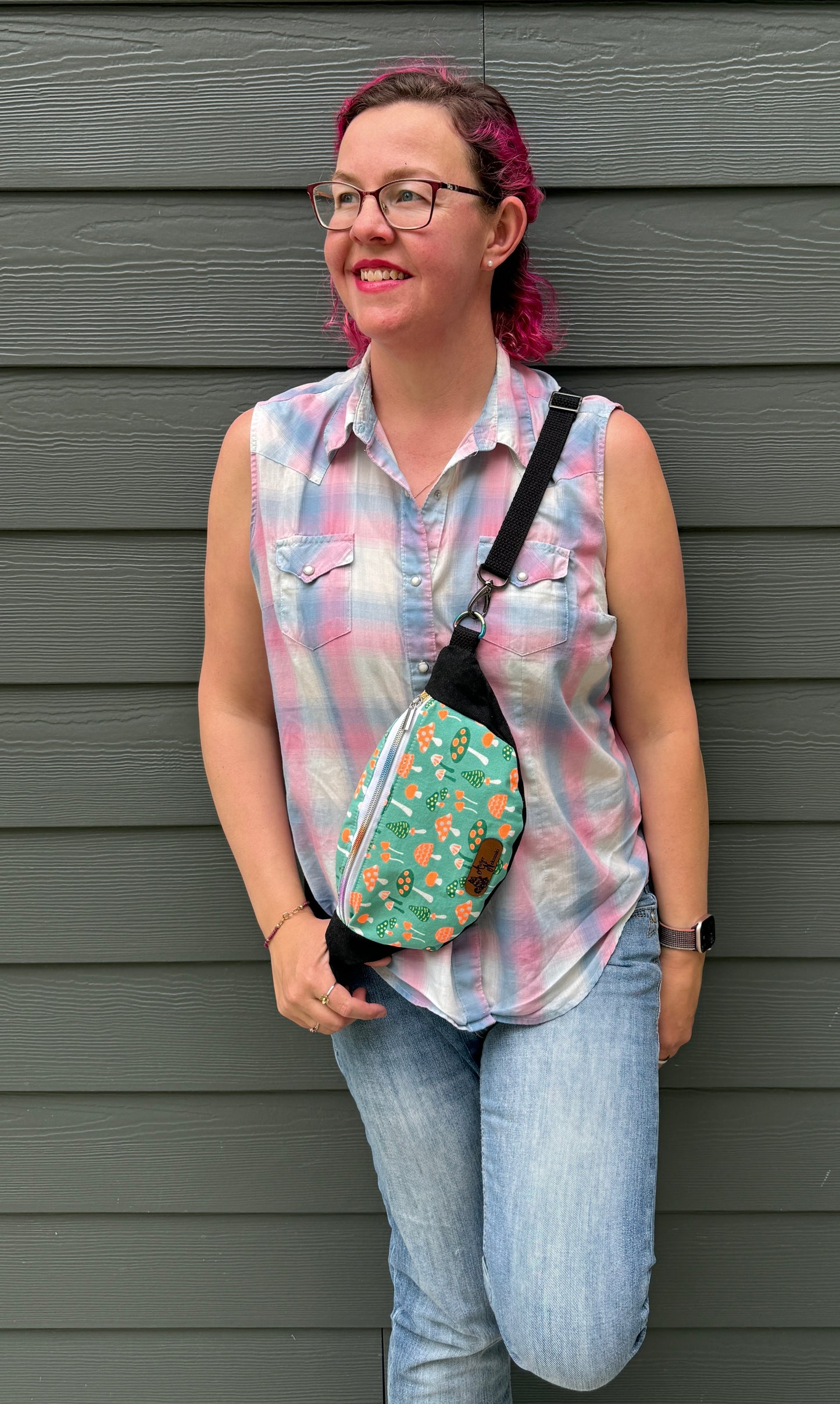 Belt Bag | Neon Orange and Green Mushrooms on Green Fields | Whimsy-Adding Bags Artisan Made in Canada from Japanese Fabrics