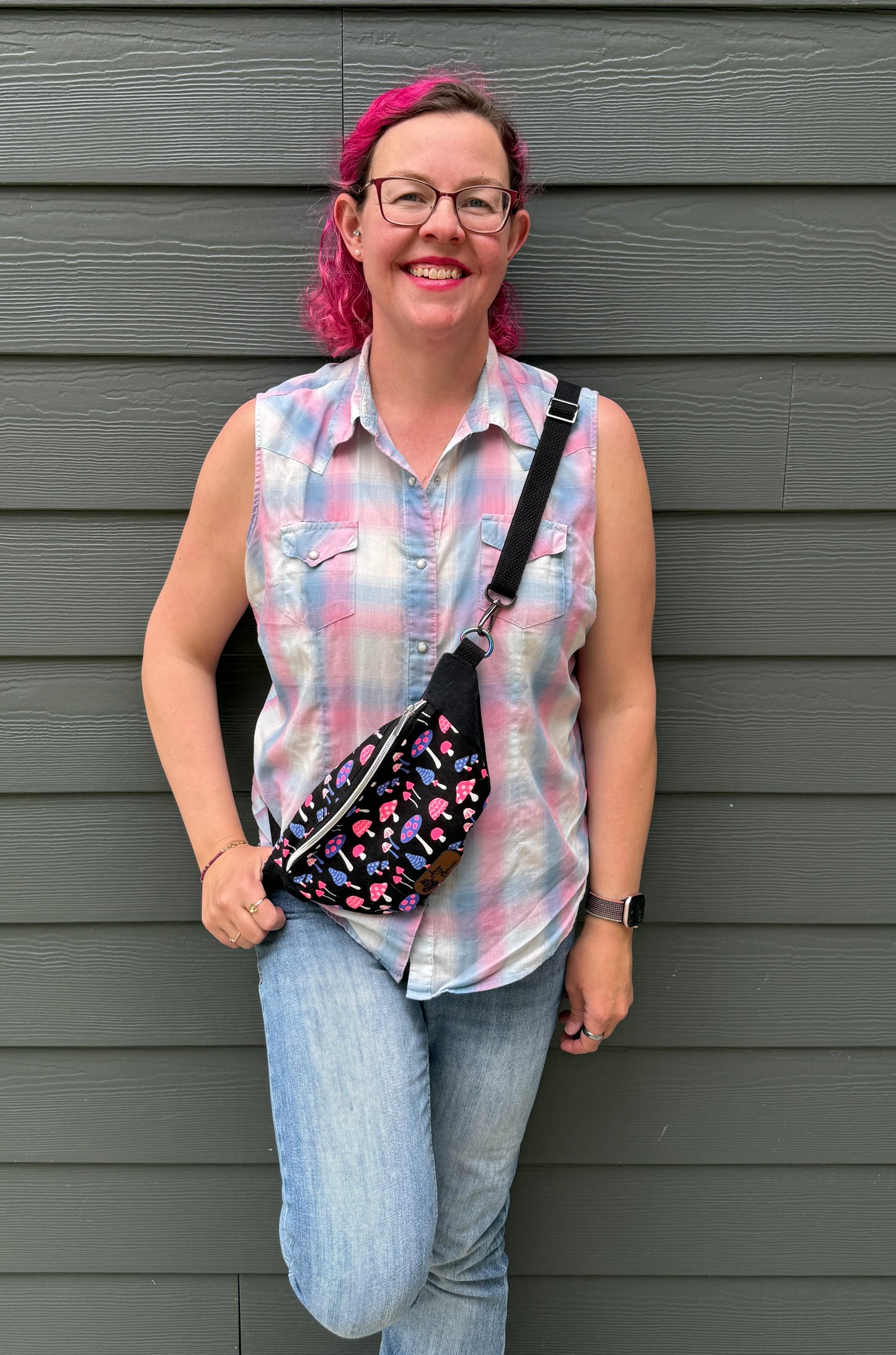 Belt Bag | Neon Pink and Purple Mushrooms on Black | One of a Kind Bags Made from Japanese Fabrics