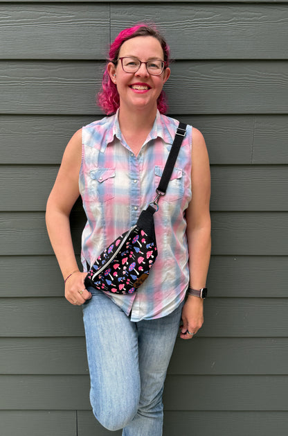 Belt Bag | Neon Pink and Purple Mushrooms on Black | One of a Kind Bags Made from Japanese Fabrics