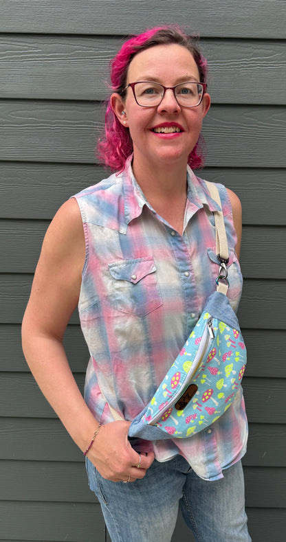 Belt Bag | Neon Pink and Yellow Mushrooms on Pastel Blue | Whimsical Canadian Handcrafted Bags Made from Japanese and Upcycled Fabrics