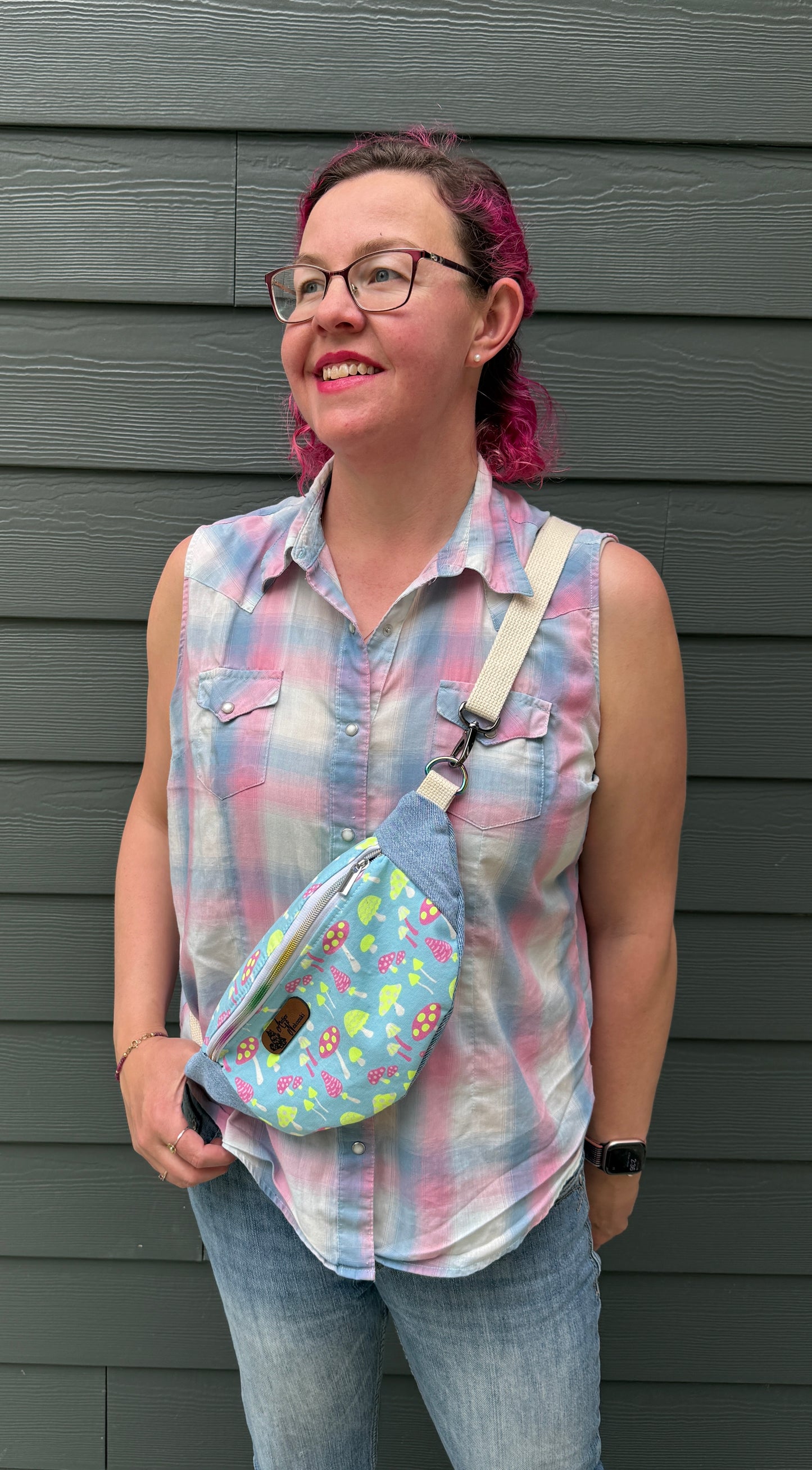 Belt Bag | Neon Pink and Yellow Mushrooms on Pastel Blue | Whimsical Canadian Handcrafted Bags Made from Japanese and Upcycled Fabrics